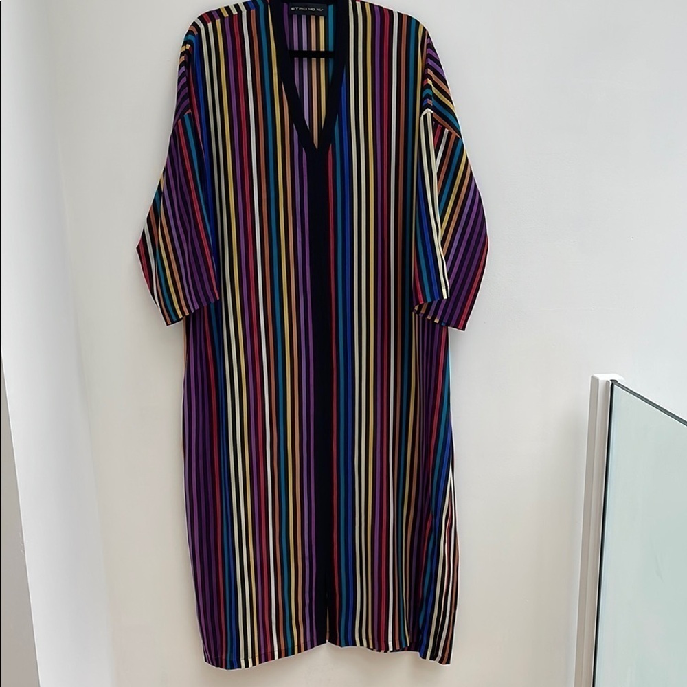 ETRO Colourful stripe 100% Silk oversized kaftan Dress size 40 S-L NEW - Picture 2 of 7